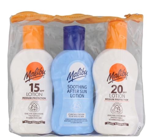 Image of Malibu Sun Travel Essentials with SPF 15 & 20 Sun Cream Protection & After Sun Lotion, Holiday Sun Care, Water Resistant, Multipack, 3 x 100ml