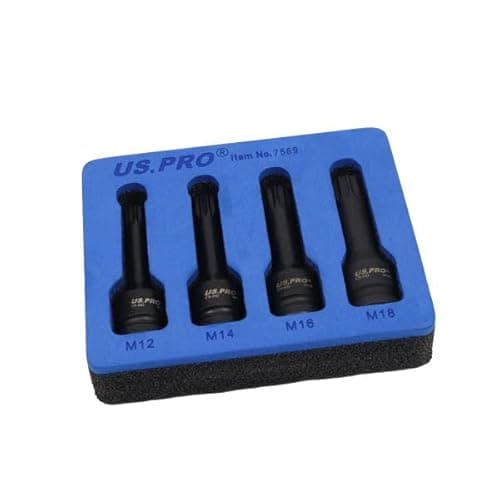 Image of US PRO 4 Piece 1/2" Drive Impact Spline Bit Socket Set for VAG Vehicles, M12 M14 M16 M18, CR-MO, Phosphate Finish, 78mm Length