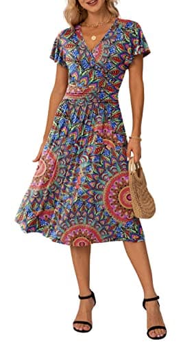 Image of GRECERELLE Womens Summer Wrap Dress Ladies Casual Ruffle Short Sleeve V-Neck Floral Beach Dresses for Women (Fp Peacock Blue, M)