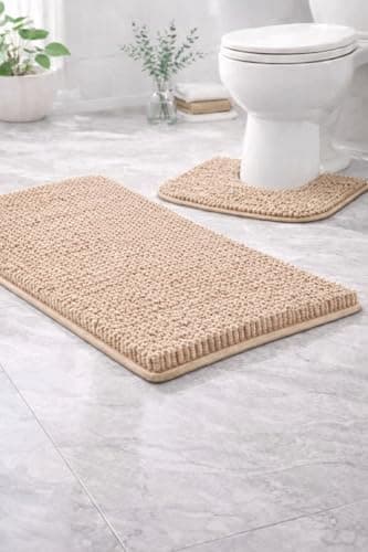 Image of Artistic Fashionista Limited 2 Piece Shaggy Chenille Loop Bath Mat Set – Ultra Soft, Non Slip & Highly Absorbent Bathroom Rugs – Anti Mould Plush Pedestal & Toilet Mat for Shower & Bath (Beige)