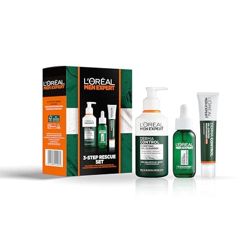 Image of L'Oréal Men Expert, 3-Step Rescue Set, Deep Cleansing Skin Care For Men, Targets Imperfections and Unclogs Pores, Gift Set for Him with Face Wash, Scrub and Moisturiser