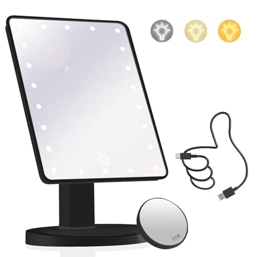 Image of Makeup Vanity Mirror with Lights and 22 LED Lighted Makeup Mirror, Detachable 10X Magnification, Adjustable Dimming Touch Sensor, Dual Power Supply, 270° Rotation, Portable Cosmetic Mirror - Black