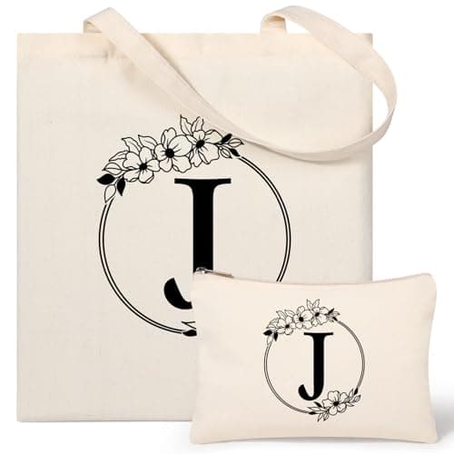 Image of Tecanne Personalised Initial Canvas Tote Bag and Makeup Bag Set, 26 Letters Monogrammed Cotton Reusable Bags for Beach Travel Work School, Gift for Women Mum Teachers Nurses (J)