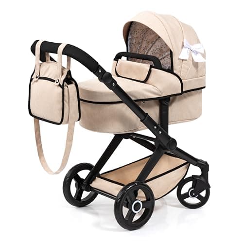 Image of Bayer Baby Dolls Pram XEO - Convertible Doll Pushchair, Carrycot & Changing Bag - Stroller with Adjustable Handle Height for Girls, Tall Dolls Pram for 6+, 3-5 Year Olds - Beige, Ribbon