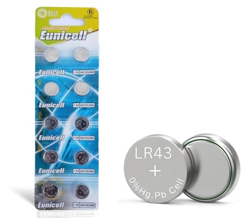 Image of Pack of 10 - LR43/AG12 Eunicell 1.5V Button Coin Cell Alkaline Batteries - Suitable for use in LED lights, Digital Voice Recorders, Toys, Blood Glucose, Cholesterol Testing, Meters, Toys