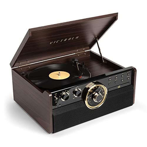 Image of Victrola Empire 6-in-1 Wood Mid Century Modern Bluetooth Record Player with 3-Speed Turntable, CD, Cassette Player and Radio | Espresso | VTA-270B-ESP-INT