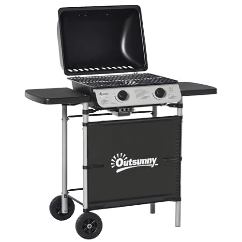 Image of Outsunny 2 Burner Gas BBQ Trolley with Lid, 5.6 kW Gas Barbecue Grill with Wheels, Side Shelves, Black
