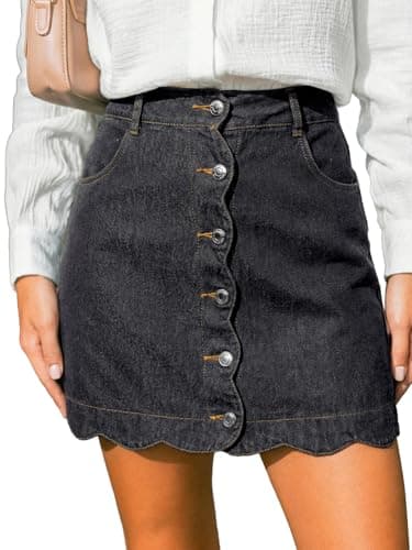Image of CUPSHE Women Denim Skirt Casual High Waist A-Line Scalloped Hem Mini Jean Skirt with Pockets Black L