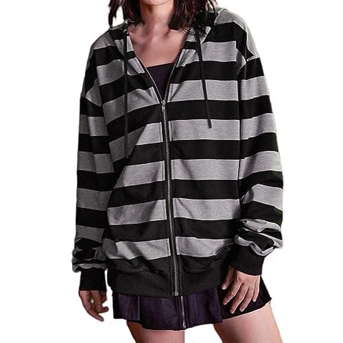 Image of Angxiwan Oversized Hoodies for Women UK Hoodies for Women UK Zip up Hoodie Oversized Stripe Color Sweatshirt Casual Long Sleeve Sweatshirt Hooded Black Zip Up Hoodie