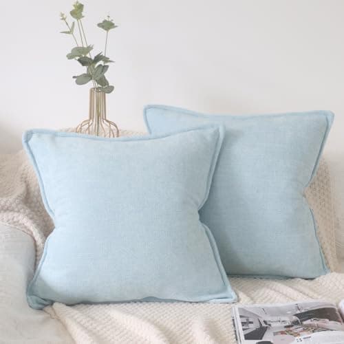 Image of OYIMUA Chenille Cushion Covers 50cm x 50cm Light Blue 2 Pack Luxury Square Pillow Cases Soft Decorative Pillows 20x20 Inches for Modern Sofa Home Decoration