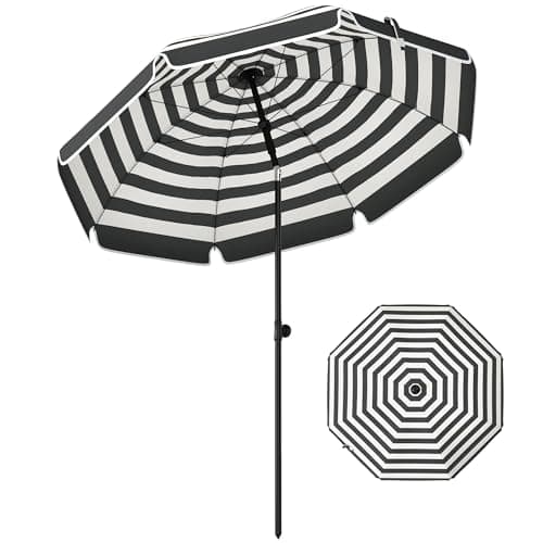 Image of Outsunny 1.8 m Beach Umbrella Parasol with Sand Anchor, Portable 30° Tilting Patio Sun Shade with Adjustable Height, Carry Bag, UV Protection, Striped Design, Grey/White