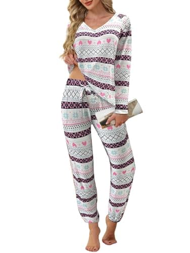 Image of Famulily Pyjamas for Women Long Sleeve Fall Winter Outfits Casual V Neck Tops & Elastic Cuffs Bottoms Pjs Set Mult S