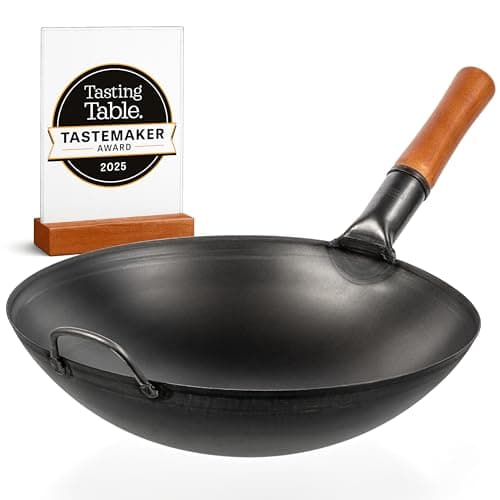 Image of YOSUKATA 36 cm Carbon Steel Wok with Round Bottom – Pre-Seasoned Pow Wok for Stir Fry – Traditional Chinese Japanese Black Steel Pan – Outdoor Cookware for Gas Stovetops, Open Fire, BBQ Camping