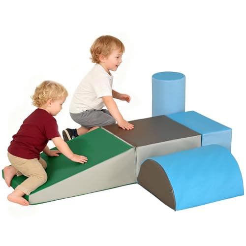 Image of HOMCOM 5 PCs Kids Soft Play Set, Climb and Crawl Activity Toys Set for Baby Toddler, Soft Foam Blocks Indoor Play Equipment Learning Toys Blue