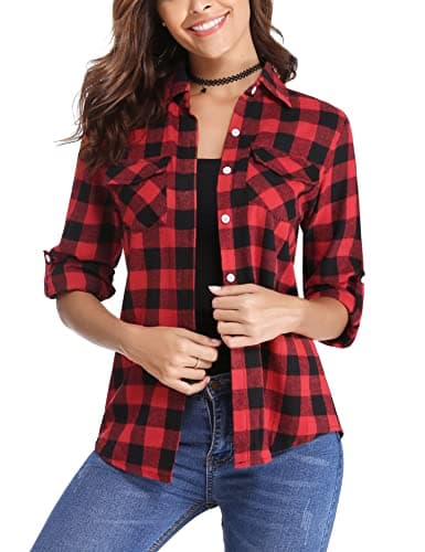 Image of Totatuit Women Checked Top Casual Long Sleeve Button Down Flannel Ladies Plaid Blouse Shirt V Neck with Pocket Red