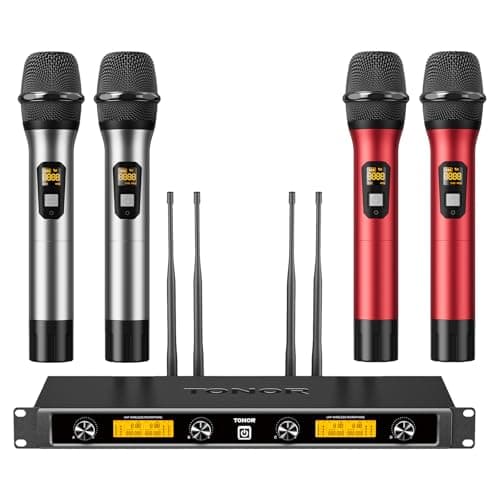 Image of TONOR Wireless Microphones System, 4x5 Channel UHF Wireless Mic,4 Handheld Adjustable Frequency Metal Cordless Dynamic Mic,Multiset Operation, 90 m Ideal for Karaoke Singing Wedding Church,Silver&Red