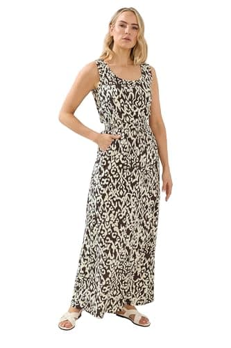 Image of Long Tall Sally - LTS Tall Brown Aztec Tie Waist Cotton Maxi Dress - Women's