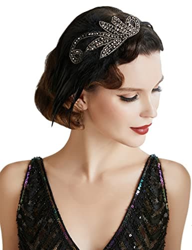 Image of BABEYOND Vintage 1920s Headband 1920s Headpiece Feather Beaded Headband Crystal Flapper Headpiece Great Gatsby Costume Accessories Roaring 20's Accessories(Silver)