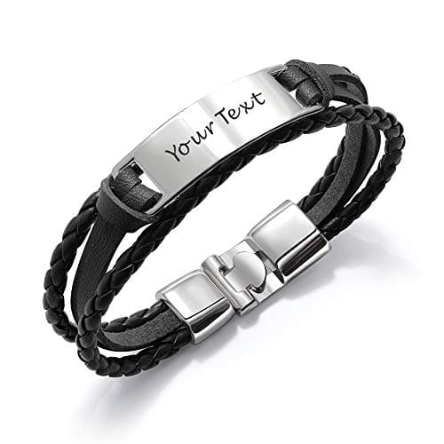 Image of howson london Personalised Mens Bracelet Leather Engraved Bracelet Gift for Him | Customised Name, ID Identity, Birthday, Wedding, Christmas, Valentines Day, for Boyfriend, Father, Husband (Silver)