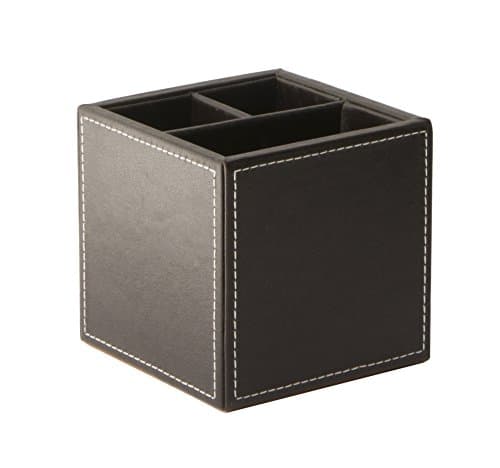 Image of Osco Faux Leather Pen Pot, 3-Section Square Desk Tidy & Pencil Holder, Office Organiser & Makeup Brush Storage, Wipe-Clean Leather Finish, 10×10×10 cm, Brown
