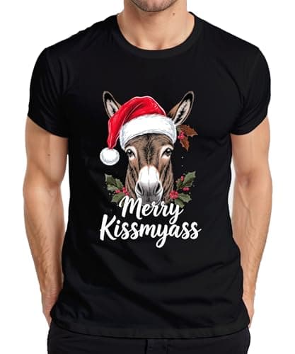 Image of Merry KissMyAss Funny Donkey Christmas Donkey Christmas Hat Men's T-Shirt, black, XL
