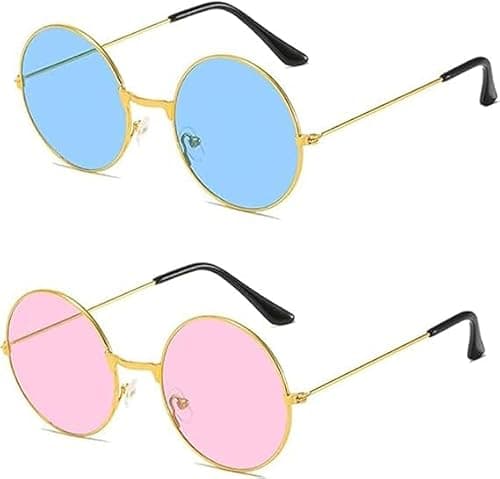 Image of CEEGEWW 2 Pcs Hippie Round Sunglasses,60's Style Round Coloured Lens Glasses,Metal Retro Hippie Style Frame Glasses,for Fancy Dress Costume Accessories(Pink Blue)