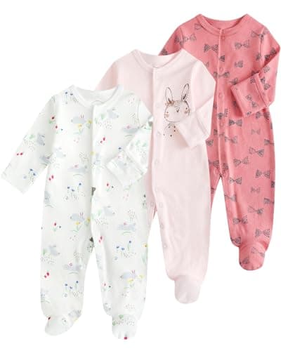 Image of JiAmy Baby Sleepsuits 3 Pack Newborn Boy Girl Cotton Long Sleeve Footed Rompers Baby Grows Jumpsuits with Mitten Cuffs for 6-9 Months Pink Bunny