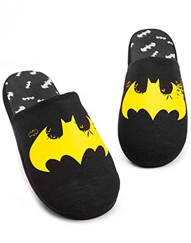 Image of DC Comics Batman Slippers for Men | Adults Dark Knight Yellow Logo Black House Shoes | Superhero Merchandise for Him 9-10 UK