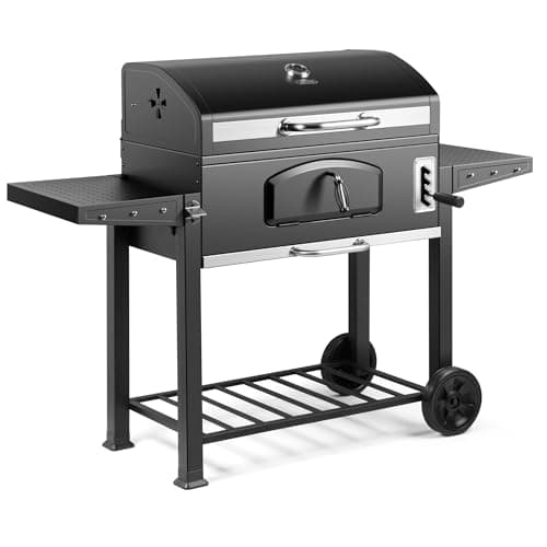 Image of VonHaus Charcoal BBQ – XXL Portable Barbecue with Warming Rack, Fold Down Shelves, Temperature Gauge, Wheels, Cooking Grill, Air Vents – 2 in 1 Barbeque and Smoker – Grill Meat, Fish & Vegetables