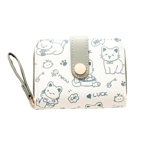 Image of TIHNY Cat Purses for Women, Small Wallet with Card Sleeves, ID Window and Coin Compartment, Compact Waterproof Material, Cute Kitty Pattern, Green