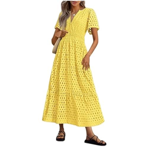 Image of Summer Maxi Dresses for Women UK Wedding Guest Dress Short Sleeve Casual Boho V Neck Hollow Out Eyelet Ruffle Swing A Line Cotton Long Flowy Beach Vacation Evening Dresses Yellow