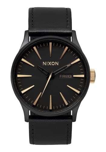 Image of NIXON Men's A105 Sentry 42mm Stainless Steel Leather Quartz Movement Watch, Matte Black/Gold-Tone, One Size, Sentry Leather