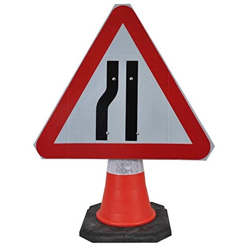 Image of Road Narrows Left 750mm Triangle Hangman Sign (Single Cone) 517