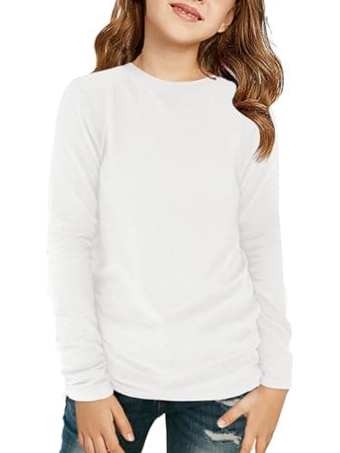 Image of Haloumoning Girls' Long-Sleeved Shirt, Children's Crew Neck Long Sleeve T-Shirts, Plain Casual Sports Tops, Autumn Cute Basic Tees, Tops, 7-14 Years, White, 13-14 Years