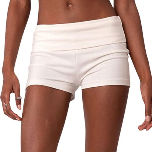 Image of Womens Fold Over Shorts Elastic Low Waist Y2k Lounge Mini Shorts Foldover Cute Pajama Micro Bottoms Yoga Athletic Short Sleepwear (A-White, M)