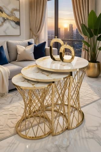 Image of Dubrilux Nest Of Coffee Tables Set Of 3 Pieces, Round Sofa End Nesting Side Stacking Table Gold/Chrome Metal Frame & Tempered Glass Top, For Living Room (Venecia)