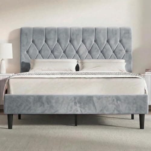 Image of Blisswood Double Bed Frame,4ft6 Noise-Free Upholstered Platform Bed With Chesterfield Design Tufted Adjustable Headboard & Under Bed Storage/Velvet Fabric Bed/Sturdy Wooden Slats Support