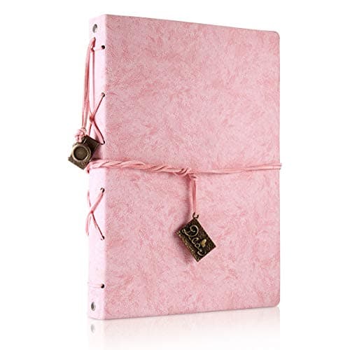Image of ThxMadam Pink Vintage Leather Scrapbook Photo Album Wedding Guest Book Memory Book with 60 Pages Present for Christmas Anniversary Valentines Mother's Day Birthday for Wife Mum Daughter Girlfriend