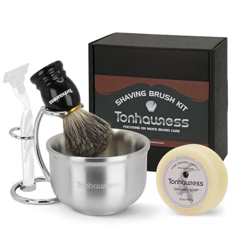 Image of Shaving Brushes Kit For Men, 4 In 1 Shaving Brush Set Includes Badger Hair Shave Brush, Stainless Steel Shaving Bowl, Shaving Stand and Soap