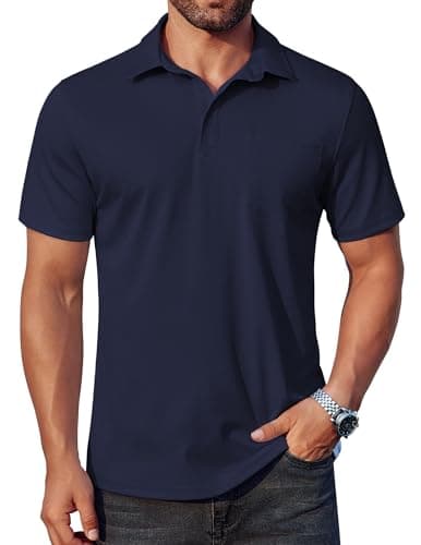 Image of COOAFNDY Polo Shirts for Men Golf Tops Short Sleeve Summer Shirts Active Wear T Shirt Plain Stretch Polo Shirt Navy Blue L