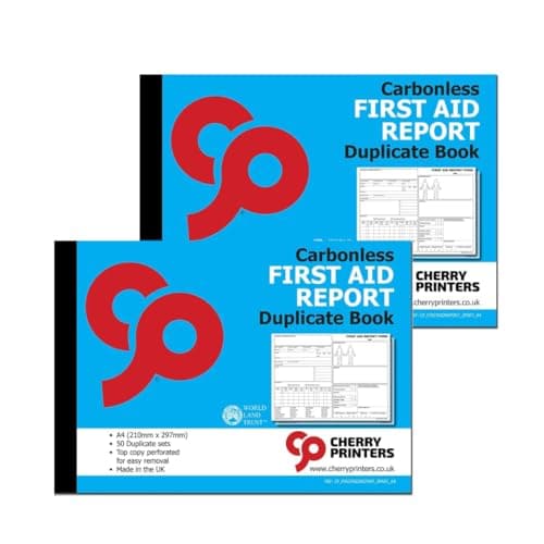 Image of Cherry Printers | Carbonless First Aid Report Duplicate Book A4 | Accident Incident Report Book | 2 Part NCR Pad | 50 Sets | RIDDOR Compliant Forms | Workplace School Safety Log UK **2 Pack**