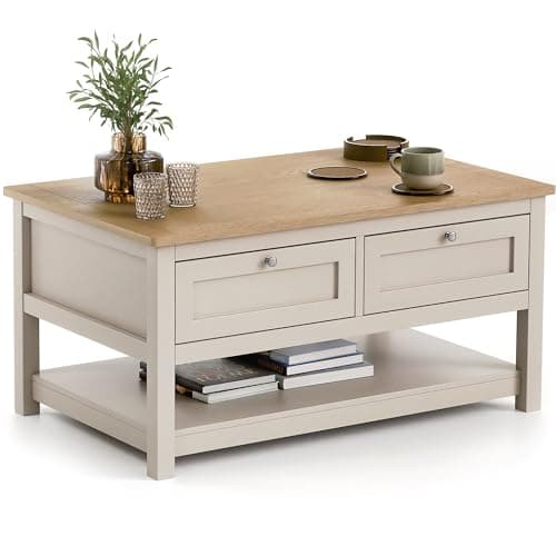 Image of CHRISTOW Coffee Table with Storage & Oak-Effect Top, Lower Shelf & 2 Pull-Down Drawers, Modern 2-Tier Living Room or Bedroom Table, Sturdy MDF Frame, Matte Painted – Pebble, H43cm x W86cm x D55cm