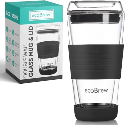 Image of ecoBrew Glass Reusable Coffee Cups | Double Walled Insulated Cup for Hot and Cold Drinks | 16oz / 450ml Eco-Friendly Glass Travel Coffee Mug with Lid | Black