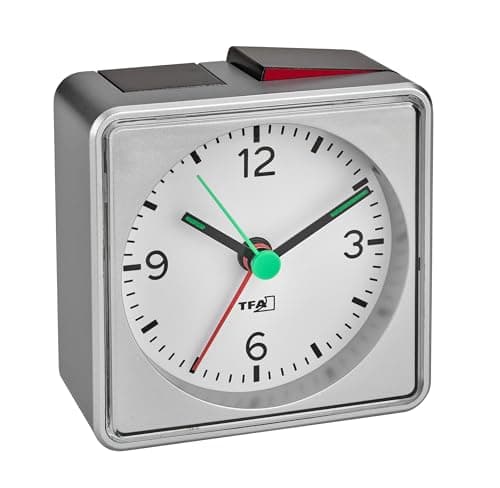 Image of TFA Dostmann analogue alarm clock Push, 60.1013.54, bedside non ticking, travel clock, battery operated, silver