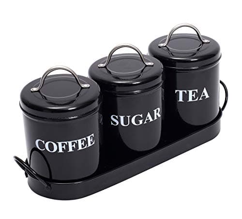 Image of Xbopetda Tea Coffee Sugar Canisters, 3 Piece of Metal Food Storage Tin, Kitchen Canister Set with Metal Tray, Dry Food Storage Containers for Tea Coffee & Sugar-Black