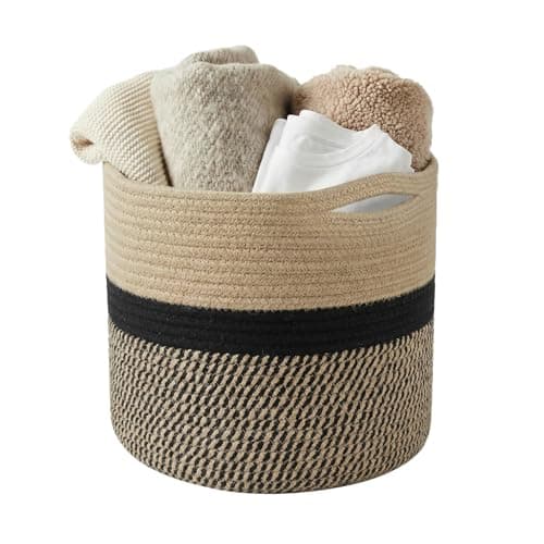 Image of Woven Cotton Rope Laundry Basket, 21L Round Blanket Basket with Handle, Dirty Clothes Basket, Toy Storage, Decorative Plant Pots Indoor, Plant Baskets Indoors for Home Office 30x30cm (Black, Brown)