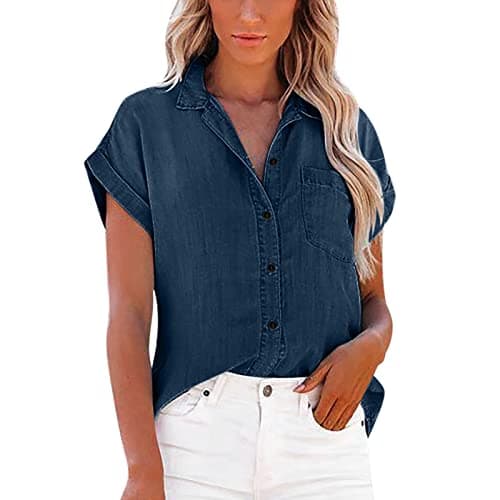 Image of Womens Short Sleeve Denim Shirts with Pockets Button Down Chambray Jean Western Shirts Summer Loose Casual Solid Collared Tops Blouse Dark Blue