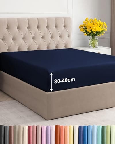 Image of Fitted Sheet Double 135x190cm, Navy Blue - Extra Deep Pocket 40cm (16") - Non Iron Soft Brushed Microfibre - Machine Washable - Fade & Shrink Resistant - OEKO-TEX - Breathable - Easy Care - Divan Bed
