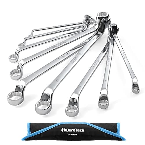 Image of DURATECH 9-Piece Offset Double Ring Spanner Set 6-23 mm, Metric Box End Wrench Set with Roll Pouch, 75-Degree Offset, 12-Point, Chrome Vanadium Steel