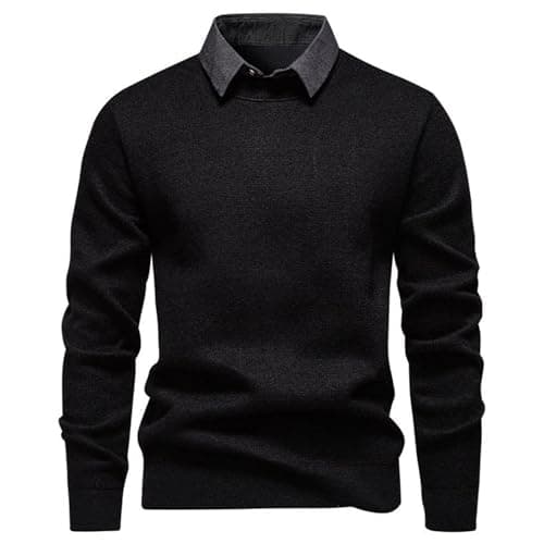 Image of Mens Jumpers 2 in 1 Shirts, Sweatshirts for Men Turn-Down Collar Knitted Jumper Autumn Winter Warm Basic Sweater Slim Fit Pullover Long Sleeve Knit Tops Shirts Casual Knitwear M-3XL Black